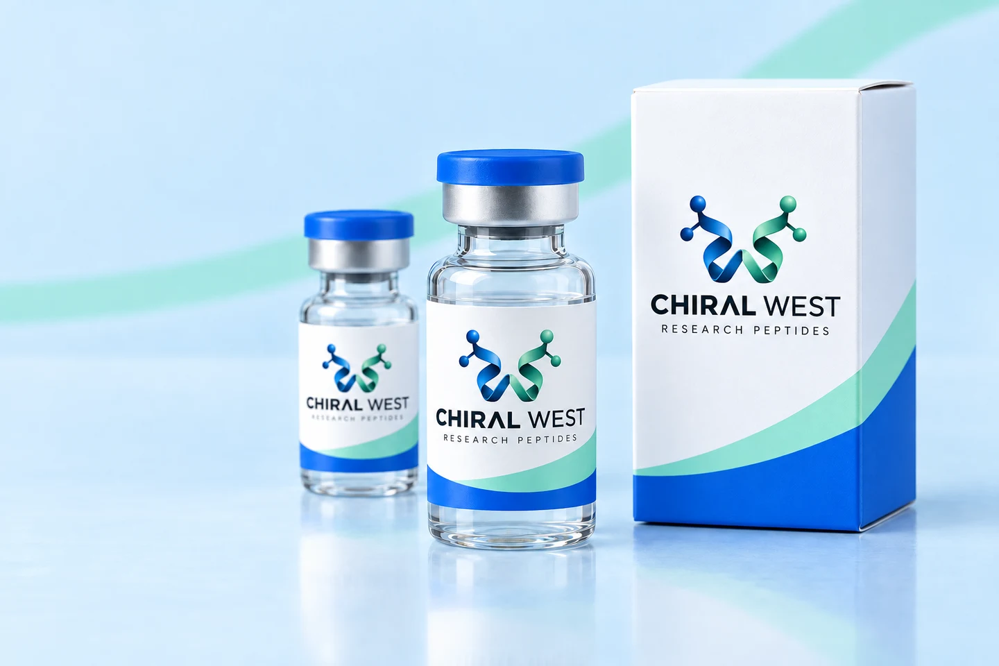 Chiral West sample vials and packaging featuring the blue and mint ribbon logo